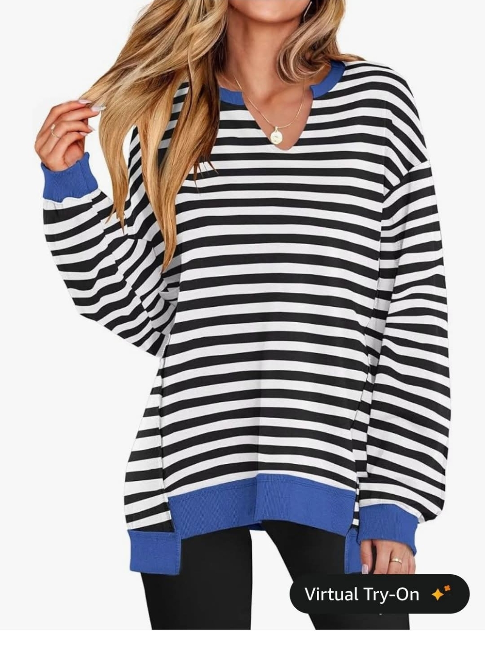 Blue-Trim Black & White Striped Long Sleeve Top